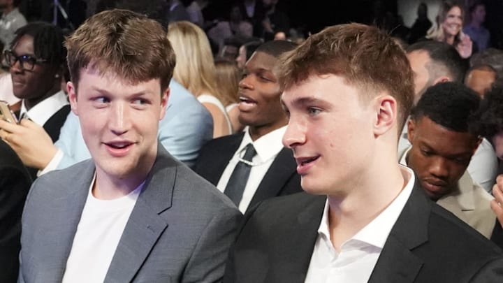 May 12, 2025; Chicago, Illinois, US; Duke players L-R Kon Knueppel and Cooper Flagg, during the 2025 NBA Draft Lottery at McCormick Place. Mandatory Credit: David Banks-Imagn Images