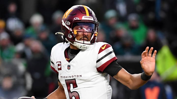 Jan 26, 2025; Philadelphia, PA, USA; Washington Commanders quarterback Jayden Daniels (5) looks to pass the ball against the Philadelphia Eagles during the second half in the NFC Championship game at Lincoln Financial Field.  