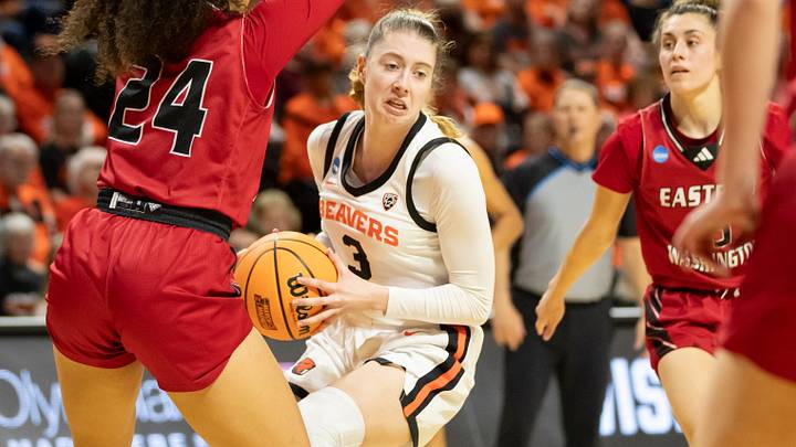 Oregon State guard Dominika Paurová looks for room to move as the Oregon State Beavers host Eastern Washington in the first round of the NCAA Tournament Friday, March 22, 2024, at Gill Coliseum in Corvallis, Ore. Oregon State guard Dominika Paurová looks for room to move as the Oregon State Beavers host Eastern Washington in the first round of the NCAA Tournament Friday, March 22, 2024, at Gill Coliseum in Corvallis, Ore.