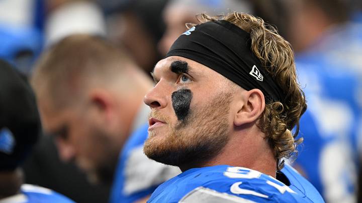 Sep 13, 2026; Detroit, Michigan, USA;  Detroit Lions defensive end Aidan Hutchinson (97) sits on the bench during the second quarter against the New Orleans Saints at Ford Field.  Mandatory Credit: Lon Horwedel-Imagn Images