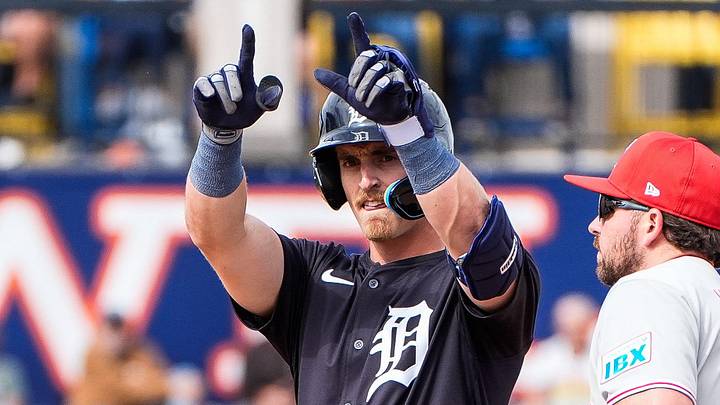 Detroit Tigers outfielder Ben Malgeri celebrates batting a double. Detroit Tigers outfielder Ben Malgeri celebrates batting a double.