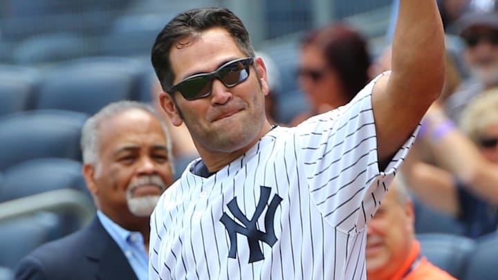 Jun 22, 2014; Bronx, NY, USA;  Former New York Yankee Johnny Damon (18) during Old Timers Day at Yankee Stadium