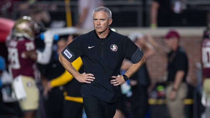 Florida State football coach Mike Norvell stands on the field during warmups before his team faced SMU at Doak Campbell Stadium on Monday, Sept. 7, 2026. Florida State football coach Mike Norvell stands on the field during warmups before his team faced SMU at Doak Campbell Stadium on Monday, Sept. 7, 2026.