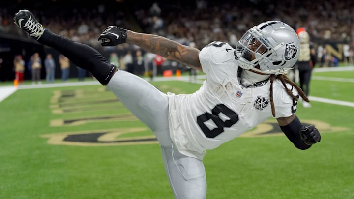 Dec 29, 2024; New Orleans, Louisiana, USA; Las Vegas Raiders running back Ameer Abdullah (8) celebrates a touchdown that was later ruled one yard short against the Las Vegas Raiders during the first half at Caesars Superdome. The Raiders eventually scored a field goal during the drive. Mandatory Credit: Matthew Hinton-Imagn Images