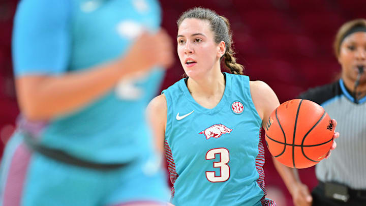 Arkansas Razorbacks guard Izzy Higginbottom brings the ball upcourt against the Oral Roberts Golden Eagles at Bud Walton Arena in Fayetteville, Ark.