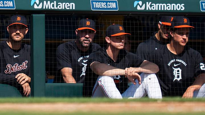 Tigers pitchers observe from the dugout at Comerica Park. Credit: Josh Boland-USA TODAY Network via Imagn Images