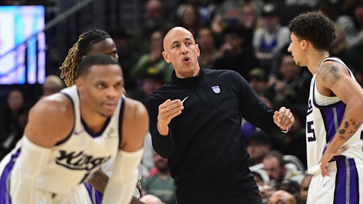 Nov 1, 2025; Milwaukee, Wisconsin, USA; Sacramento Kings head coach Doug Christie calls a play in the 4th quarter against the Milwaukee Bucks at Fiserv Forum.