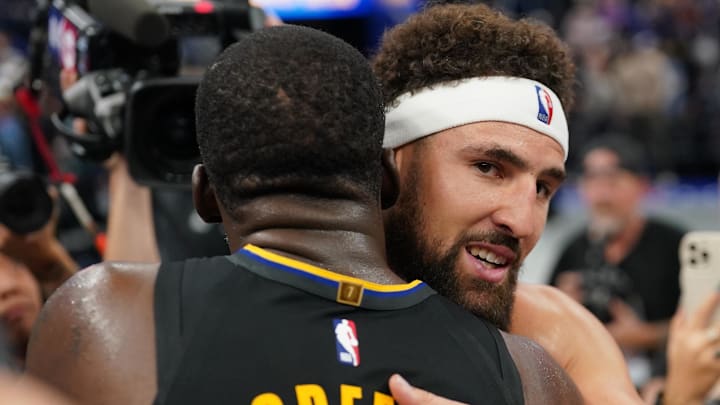 Nov 12, 2024; San Francisco, California, USA; Dallas Mavericks guard Klay Thompson (31) hugs Golden State Warriors forward Draymond Green (23) after a game at the Chase Center. Mandatory Credit: Cary Edmondson-Imagn Images Nov 12, 2024; San Francisco, California, USA; Dallas Mavericks guard Klay Thompson (31) hugs Golden State Warriors forward Draymond Green (23) after a game at the Chase Center. Mandatory Credit: Cary Edmondson-Imagn Images
