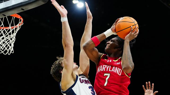 Nov 25, 2025; Las Vegas, NV, USA; Maryland Terrapins guard Andre Mills (7) shoots in the second half against Gonzaga Bulldogs in a 2025 Players Era Festival group play game at MGM Grand Garden Arena.