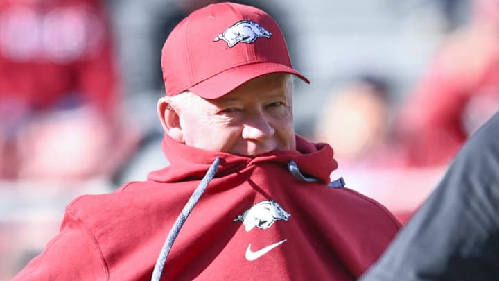 Arkansas Razorbacks offensive coordinator Bobby Petrino on the field before game with the Texas Longhorns at Razorback Stadium in Fayetteville, Ark.