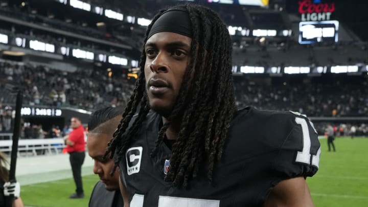 Oct 9, 2023; Paradise, Nevada, USA; Las Vegas Raiders wide receiver Davante Adams (17) walks off the field after the game against the Green Bay Packers at Allegiant Stadium. 