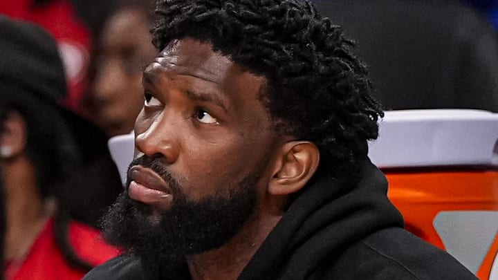 Mar 7, 2026; Atlanta, Georgia, USA; Philadelphia 76ers center/forward Joel Embiid (21) shown on the bench during the game against the Atlanta Hawks during the first half at State Farm Arena. Mandatory Credit: Dale Zanine-Imagn Images