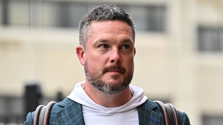 Nov 8, 2025; Iowa City, Iowa, USA; Oregon Ducks head coach Dan Lanning enters Kinnick Stadium before the game against the Iowa Hawkeyes. Mandatory Credit: Jeffrey Becker-Imagn Images