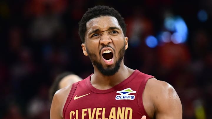 Apr 5, 2026; Cleveland, Ohio, USA; Cleveland Cavaliers guard Donovan Mitchell (45) reacts after a play during the second half against the Indiana Pacers at Rocket Arena. Mandatory Credit: Ken Blaze-Imagn Images Apr 5, 2026; Cleveland, Ohio, USA; Cleveland Cavaliers guard Donovan Mitchell (45) reacts after a play during the second half against the Indiana Pacers at Rocket Arena. Mandatory Credit: Ken Blaze-Imagn Images