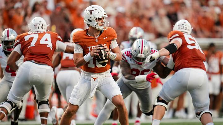 Texas Longhorns quarterback Arch Manning (16) looks to throw during the NCAA football game against the Ohio State Buckeyes at Darrell K Royal–Texas Memorial Stadium in Austin, Texas on Sept. 12, 2026. Texas Longhorns quarterback Arch Manning (16) looks to throw during the NCAA football game against the Ohio State Buckeyes at Darrell K Royal–Texas Memorial Stadium in Austin, Texas on Sept. 12, 2026.