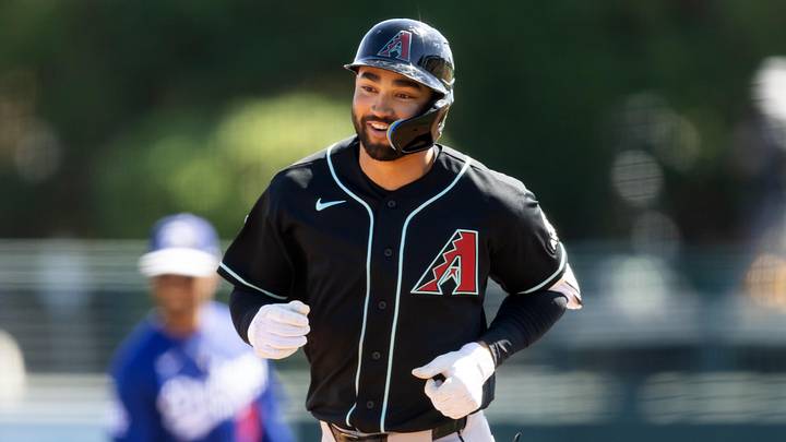 Mar 10, 2026; Phoenix, Arizona, USA; Arizona Diamondbacks outfielder Jordan Lawlar rounds the bases after hitting a home run against the Los Angeles Dodgers during a spring training game at Camelback Ranch-Glendale. Mandatory Credit: Mark J. Rebilas-Imagn Images