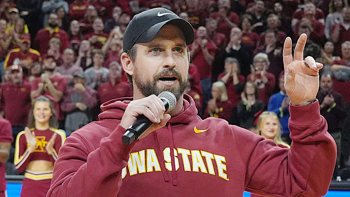 Iowa State football coach Jimmy Rogers speaks during a timeout in the first half in the Iowa State and Iowa men’s basketball Cy-Hawk series at Hilton coliseum on Dec. 11, 2025, in Ames, Iowa.