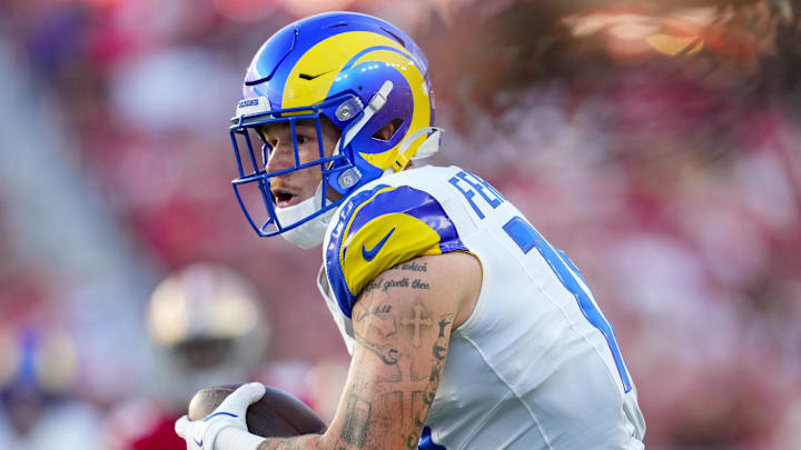 Nov 9, 2025; Santa Clara, California, USA; Los Angeles Rams tight end Terrance Ferguson (18) runs after a catch during the fourth quarter against the San Francisco 49ers at Levi's Stadium. Mandatory Credit: Cary Edmondson-Imagn Images