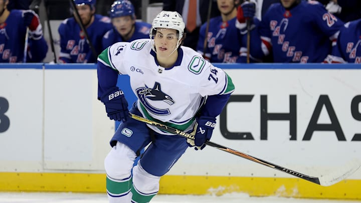 Dec 16, 2025; New York, New York, USA; Vancouver Canucks defenseman Zeev Buium (24) skates against the New York Rangers during the first period at Madison Square Garden. Mandatory Credit: Brad Penner-Imagn Images Dec 16, 2025; New York, New York, USA; Vancouver Canucks defenseman Zeev Buium (24) skates against the New York Rangers during the first period at Madison Square Garden. Mandatory Credit: Brad Penner-Imagn Images