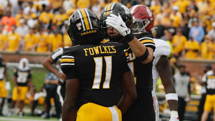 Oct. 11, 2025; Columbia, Missouri, USA; Missouri Tigers wide receiver DaMarion Fowlkes celebrates with a teammate during the Missouri Tigers matchup with Alabama at Faurot Field at Memorial Stadium. 
