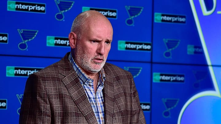 Feb 18, 2020; St. Louis, Missouri, USA;  St. Louis Blues general manager Doug Armstrong talks with the media about the acquisition of defenseman Marco Scandella from the Montreal Canadians prior to a game against the New Jersey Devils at Enterprise Center. Mandatory Credit: Jeff Curry-Imagn Images