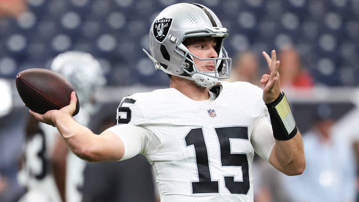 Las Vegas Raiders rookie quarterback Fernando Mendoza in action during the 2026 NFL preseason. Las Vegas Raiders rookie quarterback Fernando Mendoza in action during the 2026 NFL preseason.