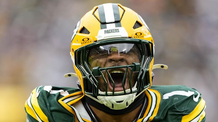 Green Bay Packers defensive end Micah Parsons (1) celebrates after sacking Minnesota Vikings quarterback J.J. McCarthy. Green Bay Packers defensive end Micah Parsons (1) celebrates after sacking Minnesota Vikings quarterback J.J. McCarthy.