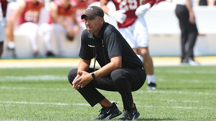 Aug 30, 2025; Ames, Iowa, USA; Iowa State Cyclones head coach Matt Campbell watches his team prepare for the South Dakota Coyotes at Jack Trice Stadium. Aug 30, 2025; Ames, Iowa, USA; Iowa State Cyclones head coach Matt Campbell watches his team prepare for the South Dakota Coyotes at Jack Trice Stadium.