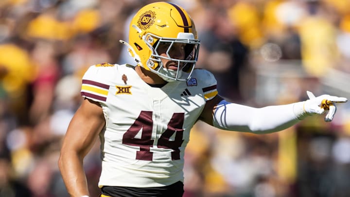 Oct 18, 2025; Tempe, Arizona, USA; Arizona State Sun Devils linebacker Keyshaun Elliott (44) against the Texas Tech Red Raiders at Mountain America Stadium. Mandatory Credit: Mark J. Rebilas-Imagn Images