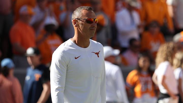 Texas Longhorns head coach Steve Sarkisian looks on before the game against the Tennessee Volunteers at Neyland Stadium.  