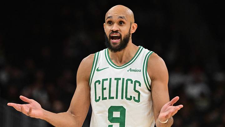 Dec 11, 2025; Milwaukee, Wisconsin, USA;  Boston Celtics guard Derrick White (9) reacts in the third quarter against the Milwaukee Bucks at Fiserv Forum. Mandatory Credit: Benny Sieu-Imagn Images