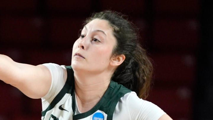 Colorado State Rams guard Kloe Froebe (1) fights for the ball between Michigan State Spartans center Ines Sotelo (10) and guard Emma Shumate (5) during a first-round game in the NCAA women's basketball tournament between the Colorado State Rams and the Michigan State Spartans at Lloyd Noble Center in Norman, Okla., Friday, March 20, 2026.