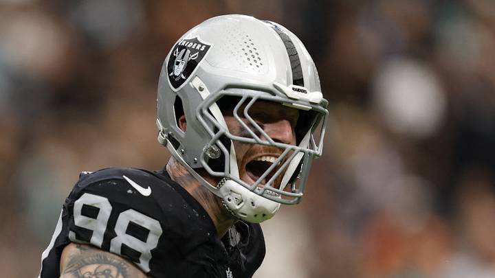 Sep 13, 2026; Paradise, Nevada, USA; Las Vegas Raiders defensive end Maxx Crosby (98) reacts after sacking Miami Dolphins quarterback Malik Willis (2) in the fourth quarter at Allegiant Stadium. Mandatory Credit: David Brytus-Imagn Images Sep 13, 2026; Paradise, Nevada, USA; Las Vegas Raiders defensive end Maxx Crosby (98) reacts after sacking Miami Dolphins quarterback Malik Willis (2) in the fourth quarter at Allegiant Stadium. Mandatory Credit: David Brytus-Imagn Images