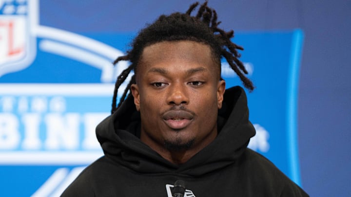 Feb 27, 2026; Indianapolis, IN, USA; Oregon running back Noah Whittington (RB21) speaks to members of the media during the NFL Combine at the Indiana Convention Center. Mandatory Credit: Jacob Musselman-Imagn Images