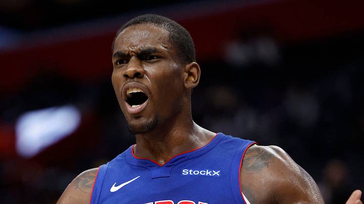 Dec 16, 2024; Detroit, Michigan, USA;  Detroit Pistons center Jalen Duren (0) reacts in the first half against the Miami Heat at Little Caesars Arena. Mandatory Credit: Rick Osentoski-Imagn Images