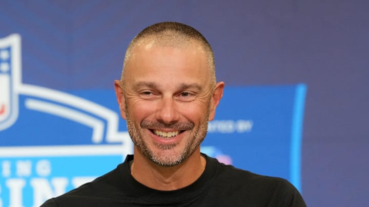 Feb 24, 2026; Indianapolis, IN, USA; Las Vegas Raiders general manager John Spytek speaks at the NFL Scouting Combine at the Indiana Convention Center. Mandatory Credit: Kirby Lee-Imagn Images