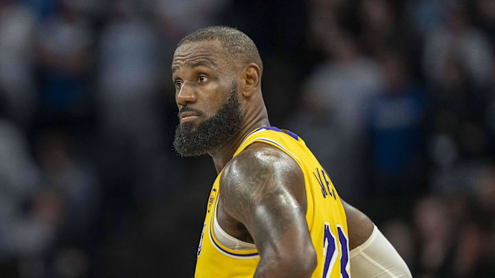 Los Angeles Lakers forward LeBron James looks on during a playoff game.