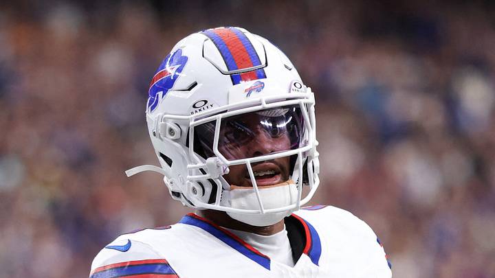 Oct 18, 2026; Paradise, Nevada, USA;  Buffalo Bills wide receiver Keon Coleman (0) looks on after scoring a touchdown in the third quarter against the Las Vegas Raiders at Allegiant Stadium.  Mandatory Credit: David Brytus-Imagn Images