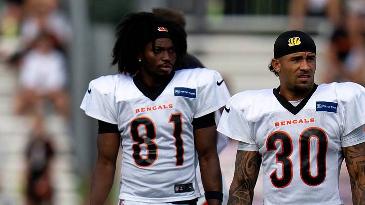 Cincinnati Bengals wide receiver Andrei Iosivas (80), Cincinnati Bengals wide receiver Dohnte Meyers (81) and Cincinnati Bengals running back Chase Brown (30) during Bengals practice at the Kettering Practice Fields in Cincinnati, Ohio, on Thursday, August 6, 2026. Cincinnati Bengals wide receiver Andrei Iosivas (80), Cincinnati Bengals wide receiver Dohnte Meyers (81) and Cincinnati Bengals running back Chase Brown (30) during Bengals practice at the Kettering Practice Fields in Cincinnati, Ohio, on Thursday, August 6, 2026.