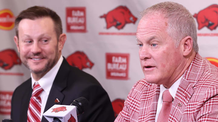Arkansas Razorbacks coach Ryan Silverfield during his introductory press conference along with athletic director Hunter Yurachek at Frank Broyles Center in Fayetteville, Ark. Arkansas Razorbacks coach Ryan Silverfield during his introductory press conference along with athletic director Hunter Yurachek at Frank Broyles Center in Fayetteville, Ark.