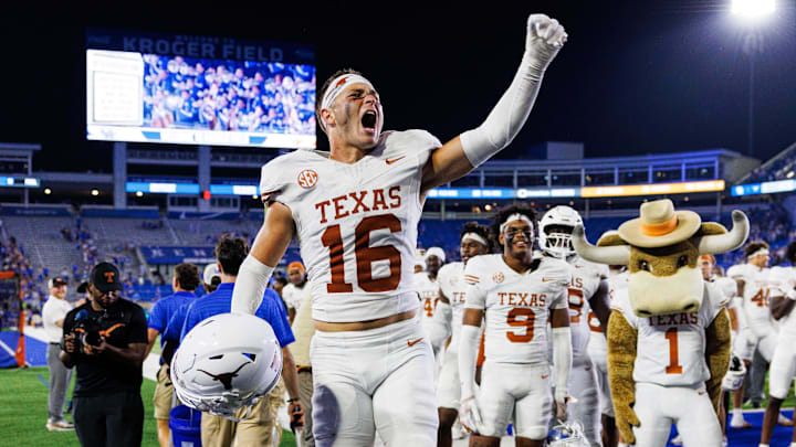 Texas Longhorns defensive back Michael Taaffe celebrates after the game against the Kentucky Wildcats at Kroger Field.