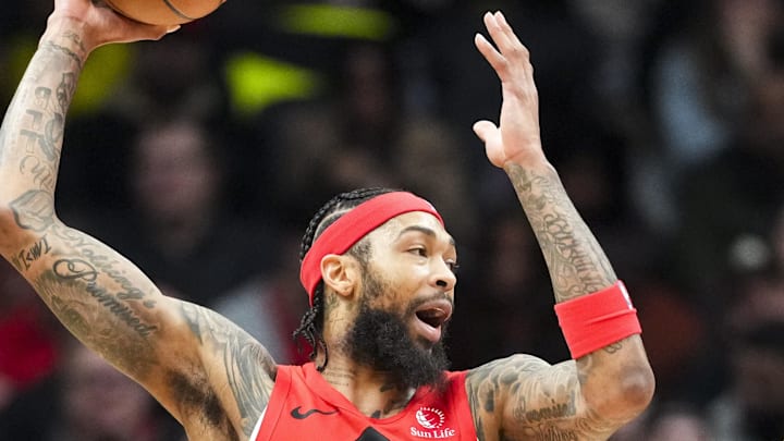 Apr 12, 2026; Toronto, Ontario, CAN; Toronto Raptors Brandon Ingram (3) handles the ball against Brooklyn Nets Malachi Smith (18) during the first half at Scotiabank Arena. Mandatory Credit: Kevin Sousa-Imagn Images
