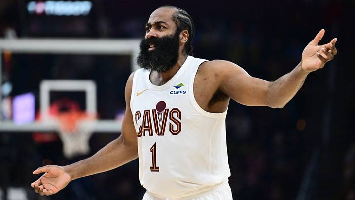Mar 9, 2026; Cleveland, Ohio, USA; Cleveland Cavaliers guard James Harden (1) reacts after a play during the second half against the Philadelphia 76ers at Rocket Arena. Mandatory Credit: Ken Blaze-Imagn Images