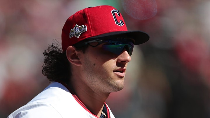 Cleveland Guardians center fielder Chase DeLauter (34) jogs back to the dugout during the first inning of Game 2 of the American League wild card series at Progressive Field, Oct. 1, 2025, in Cleveland, Ohio.