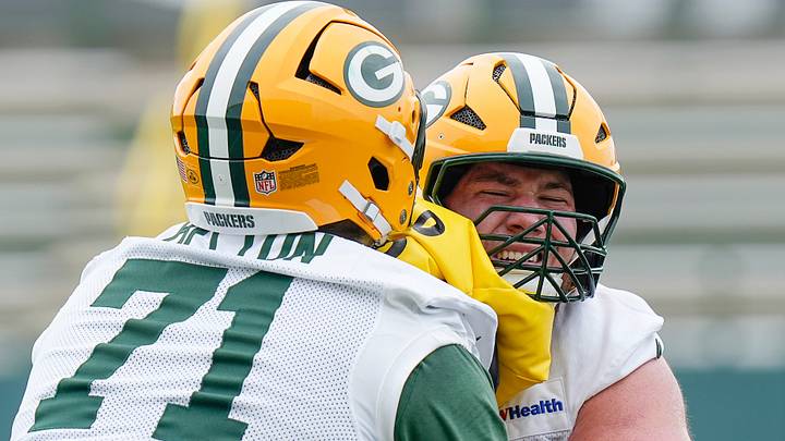Green Bay Packers offensive tackle Anthony Belton (71) blocks teammate Dylan Barrett at practice. Green Bay Packers offensive tackle Anthony Belton (71) blocks teammate Dylan Barrett at practice.