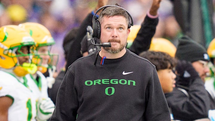 Oregon head coach Dan Lanning walks the sideline as the Oregon Ducks take on the Washington Huskies on Nov. 29, 2025, at Husky Stadium in Seattle, Washington.