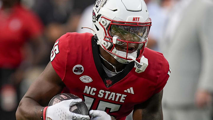 Sep 7, 2024; Charlotte, North Carolina, USA; North Carolina State Wolfpack tight end Justin Joly (15) during pregame activities against the Tennessee Volunteers at the Dukes Mayo Classic at Bank of America Stadium. 