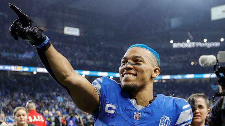 Detroit Lions wide receiver Amon-Ra St. Brown celebrates a 31-23 win over the Tampa Bay Buccaneers at Ford Field