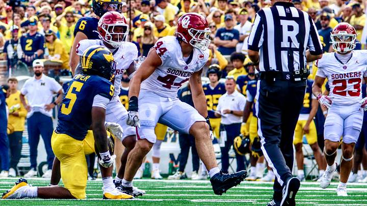 Oklahoma defensive end Taylor Wein celebrates after logging a tackle for loss. Oklahoma defensive end Taylor Wein celebrates after logging a tackle for loss.