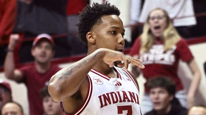 Indiana Hoosiers guard Nick Dorn (7) celebrates after making a 3-point basket against the Milwaukee Panthers at Simon Skjodt Assembly Hall.